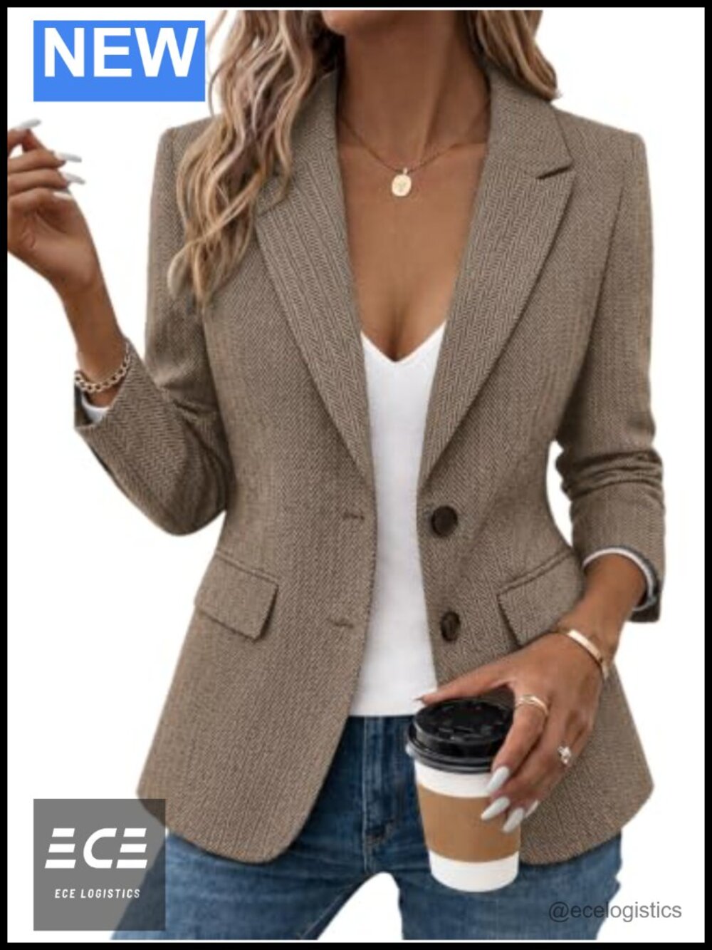 Women's Herringbone Tweed Blazer Notched Lapel Slim Fit Work Office Coat